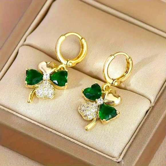 Earrings St Patrick's Day 4 Leaf Clover Shamrock Rhinestones Irish Lucky Trendy - Picture 3 of 5